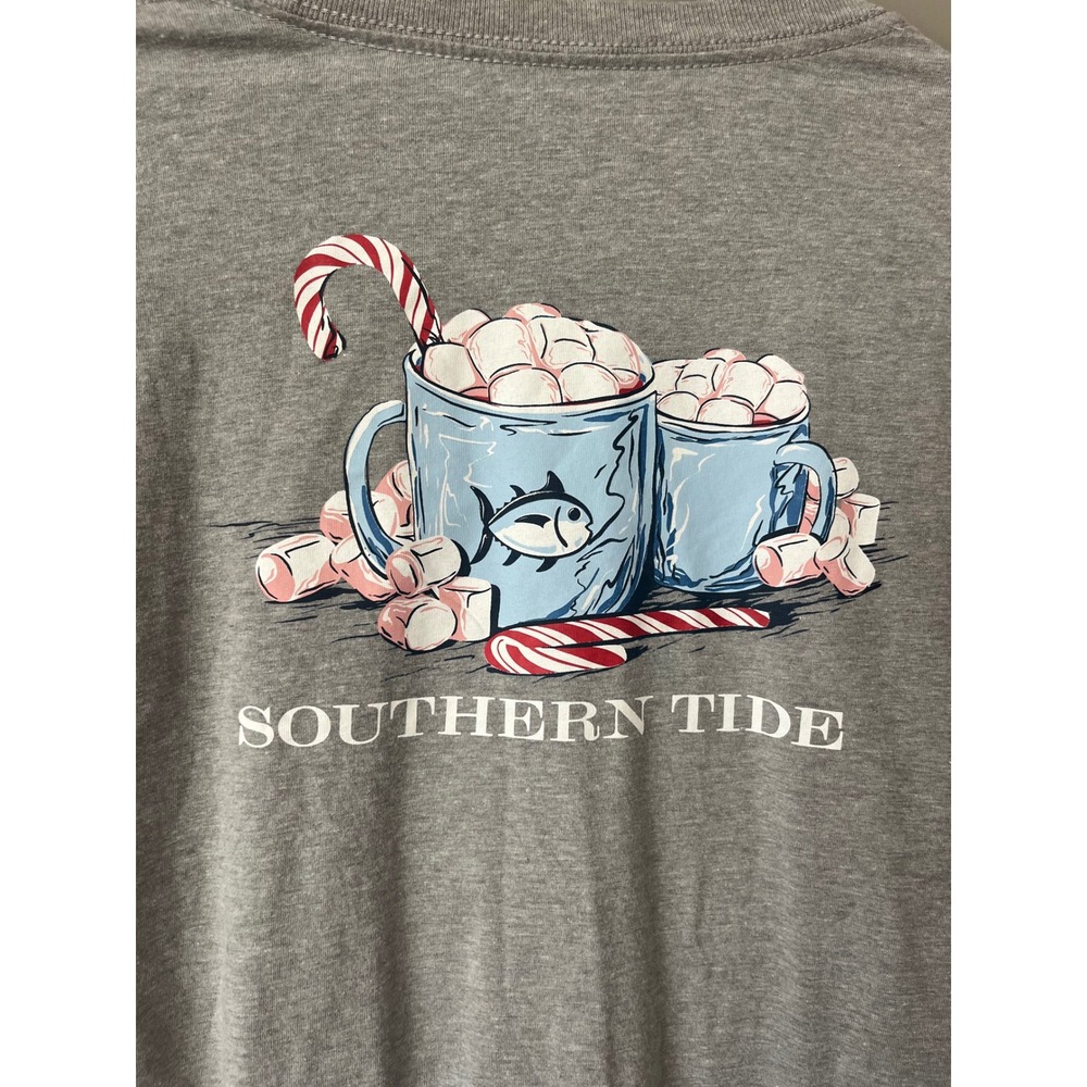 Southern Tide Mens‎ Gray Hot Cocoa Graphic Long Sleeve T-Shirt Large Fishing